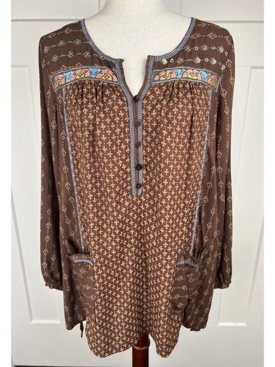 Krista Lee Tunic Top NWT S Boho Embroidered Beaded Brown Oversized Peasant Top - Picture 8 of 10